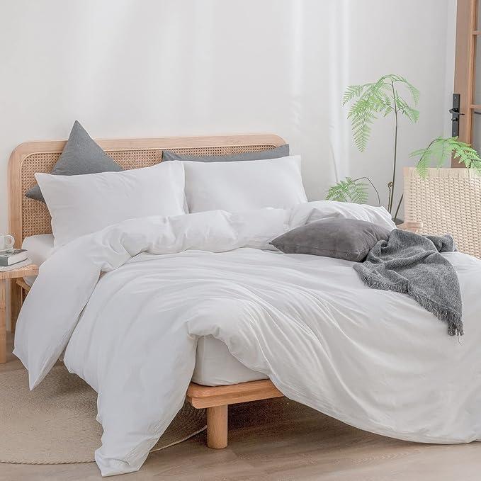 BESTOUCH Duvet Cover Set 100% Washed Cotton Linen Feel Super Soft Comfortable Chic Lightweight 3 PCs Home Bedding Set Solid Bright White Super Queen