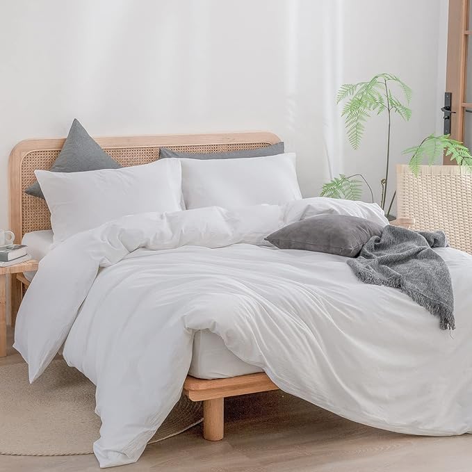 BESTOUCH Duvet Cover Set 100% Washed Cotton Linen Feel Super Soft Comfortable Chic Lightweight 3 PCs Home Bedding Set Solid Bright White Oversized Queen