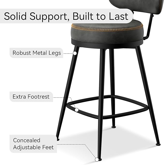 Counter Height Bar Stools, 26" H Swivel Barstools Set of 2, Faux Leather Kitchen Counter Stools with Back and Stylish Stitching, Metal Frame, Pub, Home Bar, Black Grey