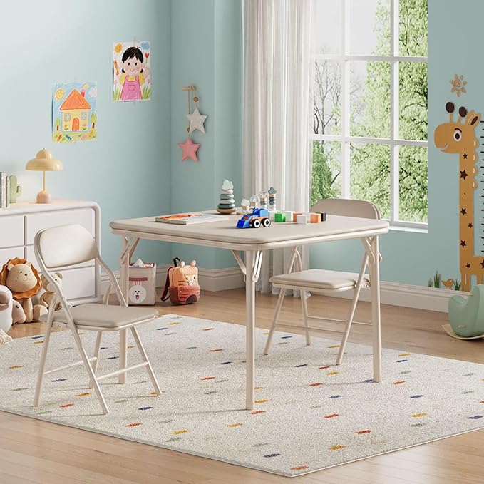 IDEALHOUSE 3 Piece Folding Kids Table and Chairs Set, Children Activity Table and Chairs Set for Dining Room,Daycare,Classrooms
