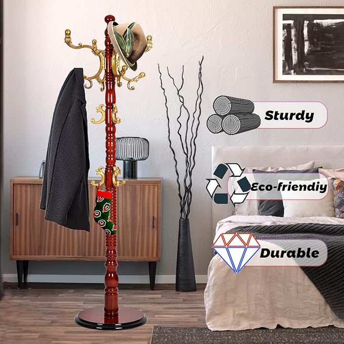 73 in Wood Coat Rack, Coat Rack Freestanding with Stable Round Base, Adjustable Height Tree Coat Racks Stand for Home Bedroom Office Hallway Entryway (Haitang color)