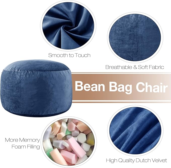 3 Ft Large Bean Bag Chairs for Adults/Teens with Memory Foam Filling, Comfy Bean Bag Sofa with Filler Included, Soft Dutch Velvet Fabric Beanbags,3 Foot, Navy