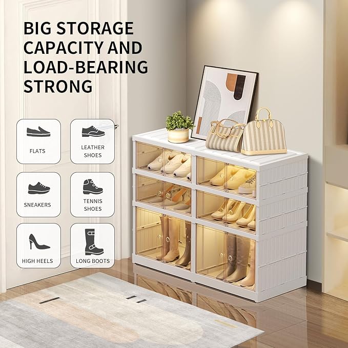3 Tier Foldable Shoe Rack Organizer for Closet 6-12Pairs Plastic Collapsible Shoe Racks Shelf for front door entrance Stackable Clear Folding Shoes Storage boxes XLarge Storage Cabinet