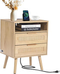 VEVOR Rattan Nightstand, Boho Bedside Table with Open Shelf 2 Drawers, End Table Nightstand with Solid Wood Legs, Rattan Bedside Table with Charging Station, for Bedroom