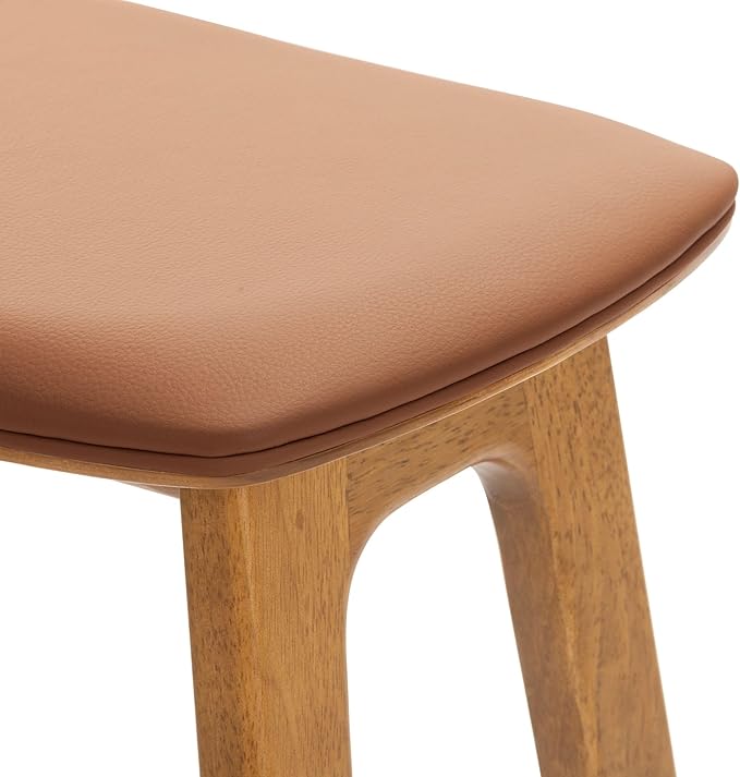Plank+Beam Beryl Bar Height Stool - Mid-Century Modern Rubberwood Bar Stool with Faux Leather Seat, Metal Footrest, Easy Assembly, 4-Pack, Pecan/Toffee
