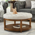 24KF Upholstered Round Coffee Table with Wooden Shelf, Tufted Button Large Round Ottoman with Spindle Wooden Legs, Linen Large Footrest Ottoman Pouf for Living Room, Ivory
