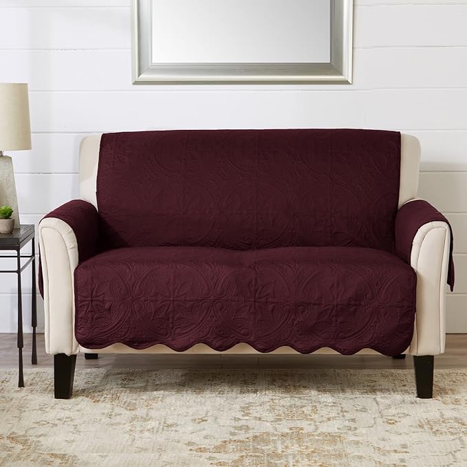 Medallion Stitched Solid Furniture Protector Stain Resistant Durable Furniture Protector Elenor Collection (Loveseat, Wine/Light Grey)