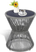 LEWIS&WAYNE Small Outdoor Side Table Patio 20’’ H Woven Rope Hourglass End Table with Glass Top Round Coffee Table for Living Room Outdoor Patio Backyard Poolside (Gray)