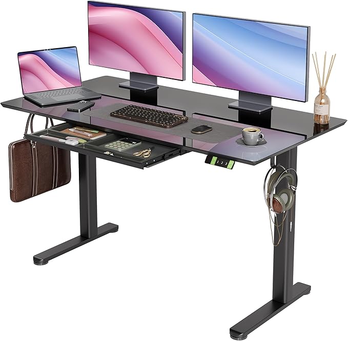 INNOVAR Glass Standing Desk with Drawers, 55×27.6 Inch Adjustable Stand Up Desk Quick Install Home Office Computer Desk, Black