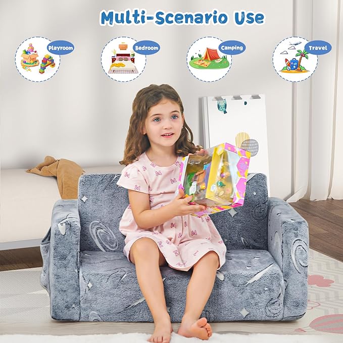 Toddler Couch,Toddler Chair, 2-in-1 Baby Seat Furniture Fold Out, Convertible Sofa to Lounger Soft Comfy Glow in The Dark Kids Sofa Bed Gifts for Kids Girl Boys,Star,Large
