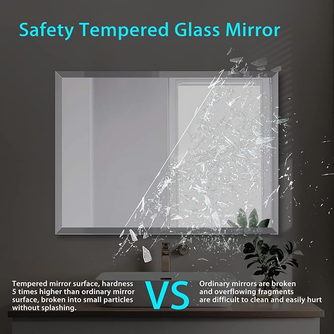 Frameless Beveled Edge Bathroom Mirror 36x24 Inch Rectangle Wall Mirror Explosion Proof and Shatterproof Bathroom Vanity Mirror Wall Mounted Hang Firmly (Horizontal or Vertical)