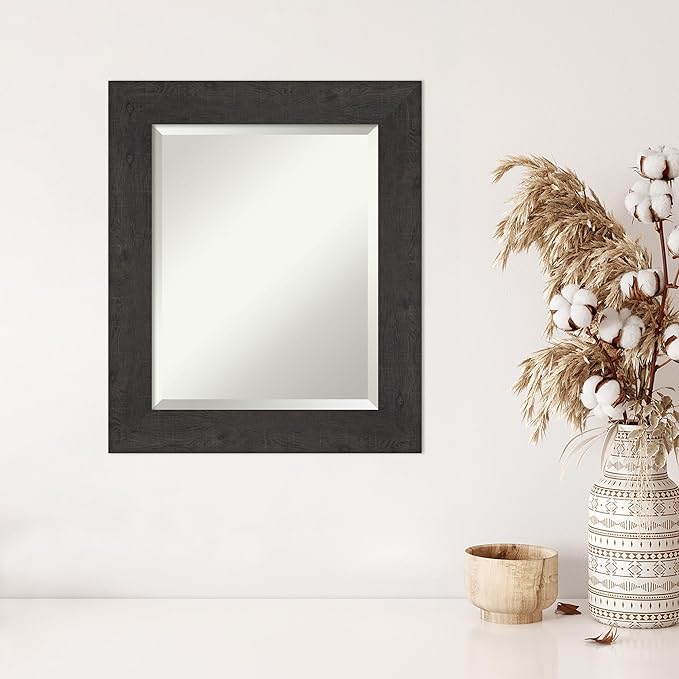 Amanti Art Brown Wall Mirror 26x22 Rustic Plank Espresso Rectangle Bathroom Mirror for Wall Decor Living Room, Small Rustic Farmhouse Frame, Hangs Horizonally and Vertically, Bathroom Decor, Beveled