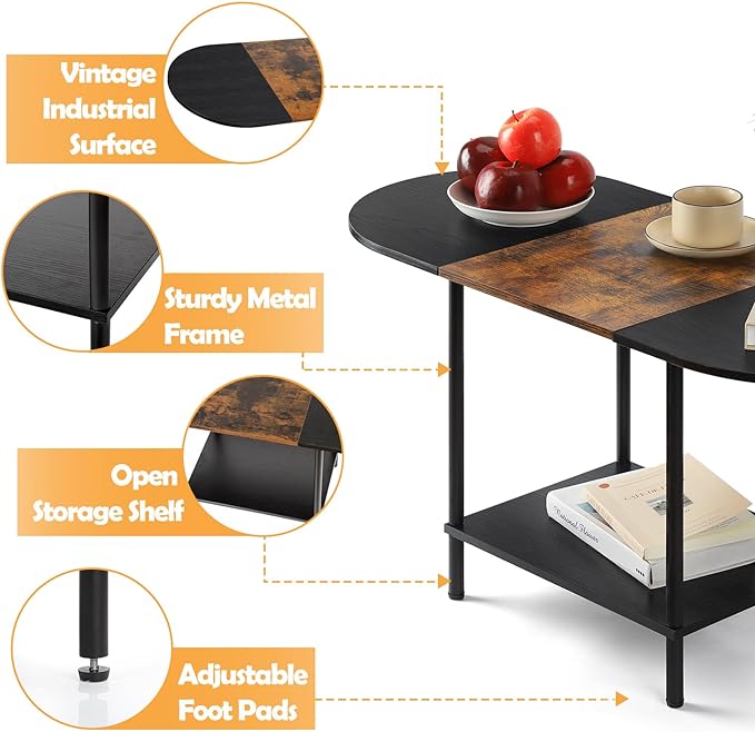 Coffee Tables for Living Room,2-Tier Small Oval Center Table Industrial Modern Style Coffee Tables with Storage Shelf and Wood Tabletop for Small Space,Home Office,Brown & Black
