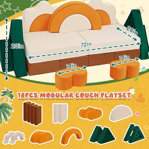 18PCS Modular Kids Play Couch - Junlge Theme Toddler Couch Building Fort, Convertible Sofa Multifunctional Kids Sofa, Toddler Baby Playroom/Bedroom Furniture for Playing, Sleeping