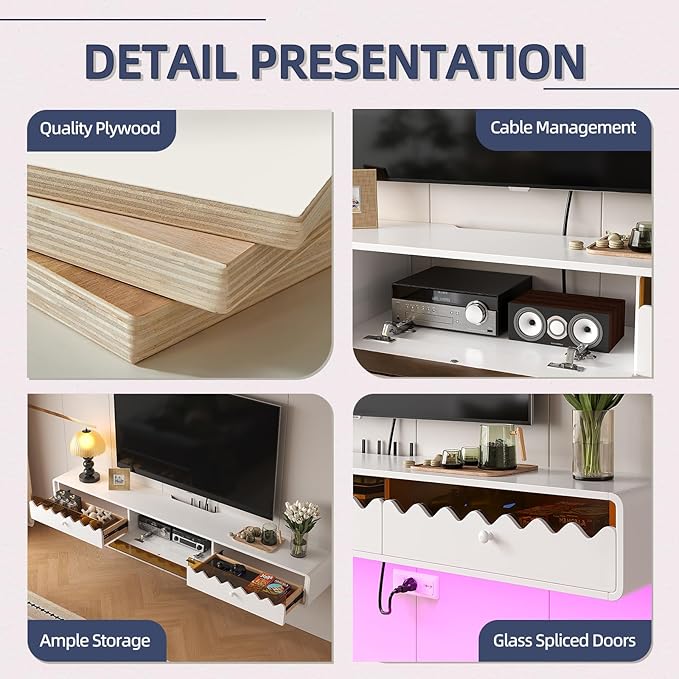 Floating TV Stand, 47IN Fully-Assembled Wall Mounted Wave Glass with Flip-Down Door & Drawers, Modern Media Entertainment Console Under TV Shelf for Livingroom