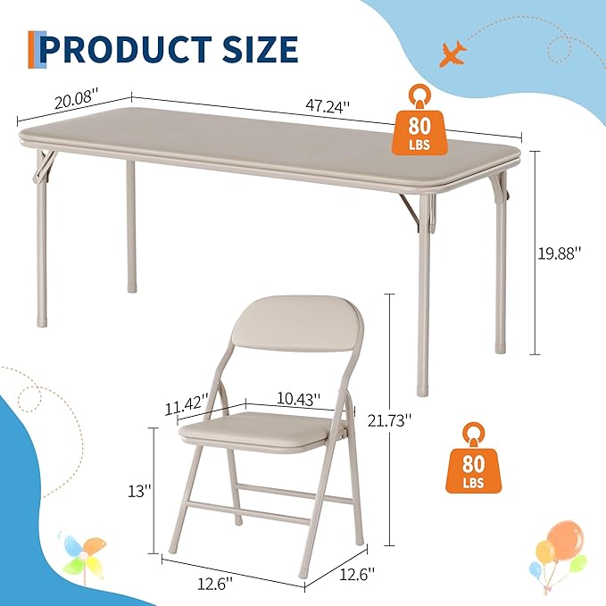 IDEALHOUSE 5 Piece Folding Kids Table and Chairs Set, Children Activity Table and Chairs Set for Dining Room,Daycare,Classrooms