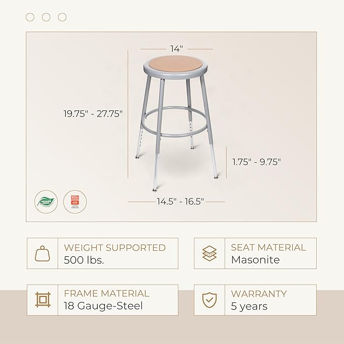 OEF Furnishings (2 Pack Height Adjustable Steel Stools, Grey, 19-27"