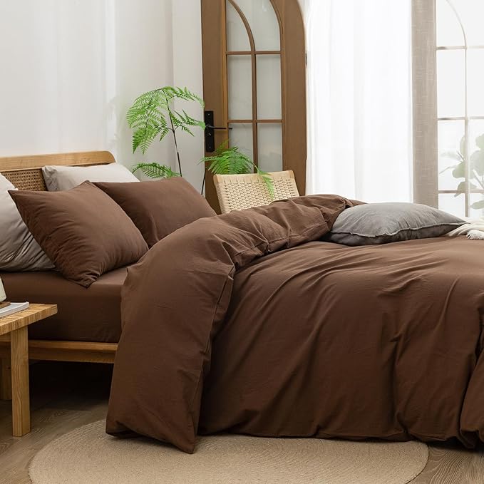 BESTOUCH Duvet Cover Set 100% Washed Cotton Linen Feel Super Soft Comfortable Chic Lightweight 3 PCs Home Bedding Set Solid Cocoa Brown Queen