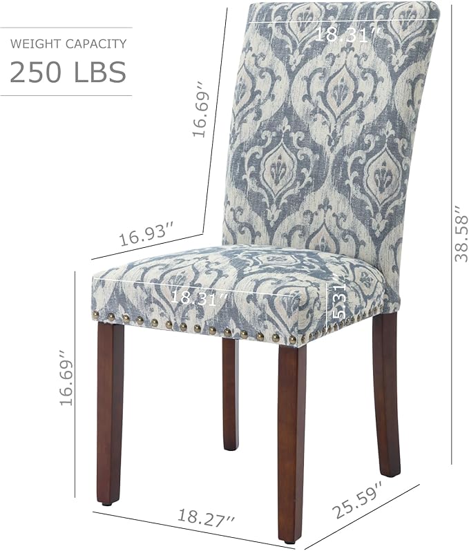 COLAMY Upholstered Parsons Dining Chairs Set of 6, Fabric Dining Room Kitchen Side Chair with Nailhead Trim and Wood Legs - Blue/White Flower