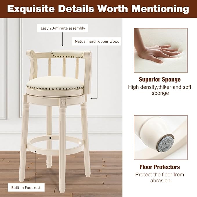 CozyRain Bar Stools Modern Swivel Barstools, Kitchen Counter Genuine Leather Upholstered Bar Stool Island Barstool with Footrest for Home Kitchen Dining Room (White, Seat Height 29.5 in)