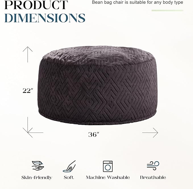 Hobestluk Bean Bag Chairs Adults Beanbag Chair with Filler Large Bean Bags with Fluffy Embossed Cover, Giant Bean Bag Chairs for Adults (Dark Grey, 3FT - 36” x 36” x 22”)