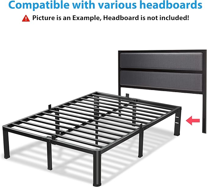 14 Inch Queen Bed Frame, 3500Lbs Heavy Duty Metal Platform with Round Corner Legs Mattress Slide Stopper, Steel Slat Support No Box Spring Needed, Noise Free, Non-Slip, Easy Assembly