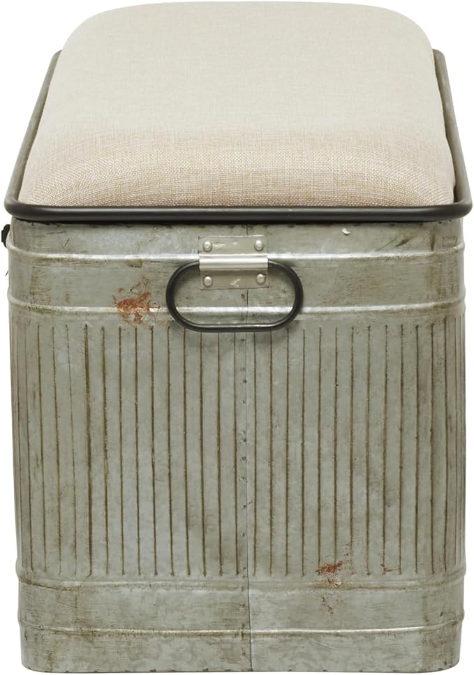 Deco 79 Metal Room Storage Bench Galvanized Entryway Bench with Cream Burlap Top and Black Latches, Bench 38" x 16" x 19", Gray