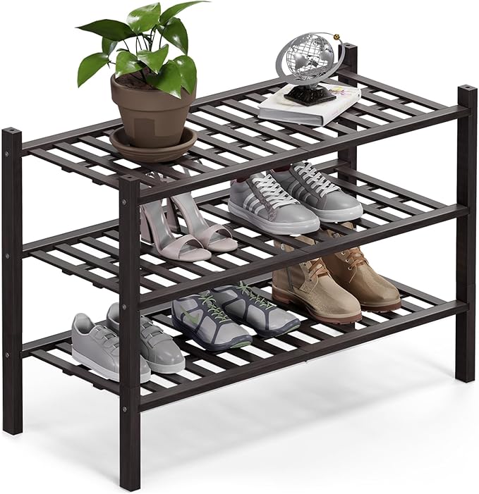 Haddockway 3 Tier Bamboo Shoe Rack Storage Organizer, Multifunctional Free Standing Stackable Shoe Shelf with Grid Panel for Closet,Hallway,Entryway,Small Space 27"x11"x20" (Brown, 3 Tier)