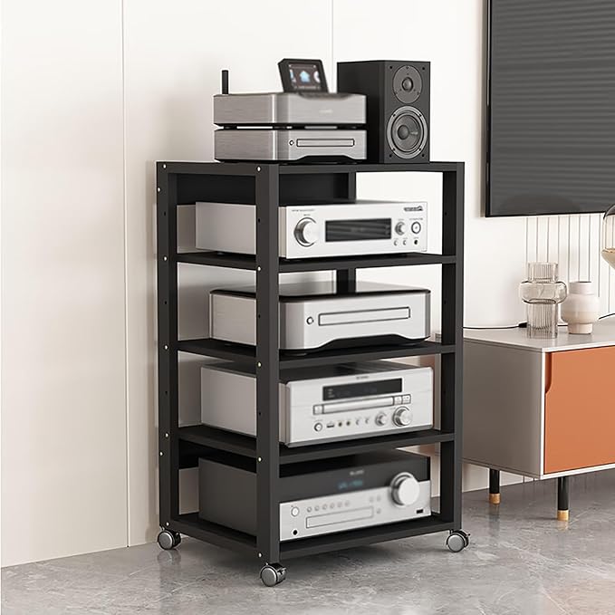 5 Tier Audio Rack Tower, CD Record Player Stereo Receiver AV Equipment Cabinet Display Rack, Weight Capacity 220 lbs, with Adjustable Wooden Shelves for Home (Black-2, 5tier)