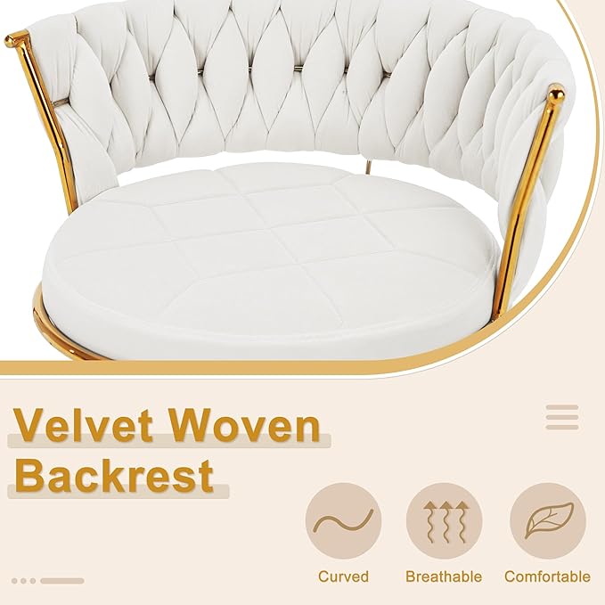 VECELO Bar Stools Set of 4, Modern Luxury Velvet Woven Counter Height Stools with Back and Arm, Gold Metal Leg & Base, 360 Swivel Bar Chair for Pubs Dining Room, White