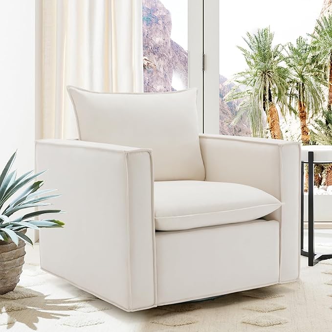 COLAMY Swivel Accent Chair, 34 Inches Upholstered Arm Chair with Plump Back Pillow, Modern Sofa Living Room Chair for Bedroom, Corner, Reading Beige