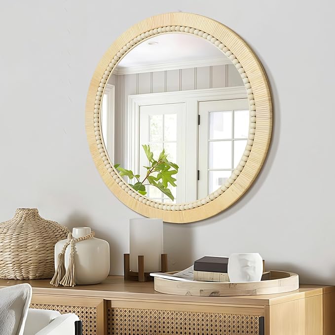 ULIKE Round Rattan Mirror, Bathroom 24 Inch Rustic Farmhouse Wall Decor with Handmade Wicker Frame, Boho Mirror for Nursery Bedroom Living Room Entryway