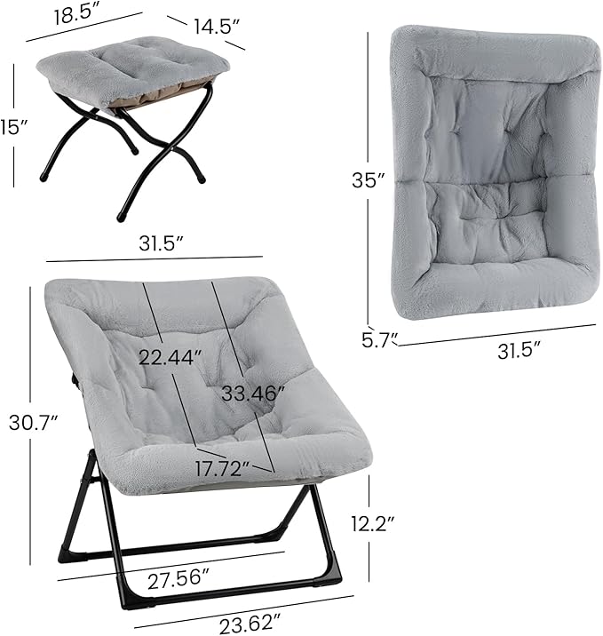 Comfy Saucer Chair for Adults, Soft Faux Fur Bedroom Chair with Ottoman, Accent Dorm Chairs, Living Room Reading Chairs and Footstool, Folding Lounge Seat for Teens, X-Large, Grey