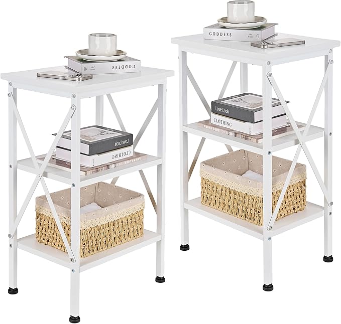 VECELO End Table Set of 2, Bedside Table, 24" Tall Living Room End Tables, X-Design Reinforced Nightstands, Side Table with 3-Tier Storage Shelves for Small Spaces, Office, Bedroom, Pearl White
