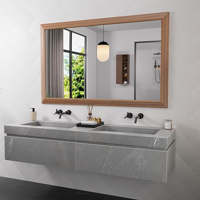 Amorho 48 X30 Inch Bathroom Mirror for Wall, Walnut Wood Grain Metal Framed Mirror, Anti-Rust, Hang Horizontally/Vertically, Suitable for Vanity, Bedroom, Farmhouse, Bathroom