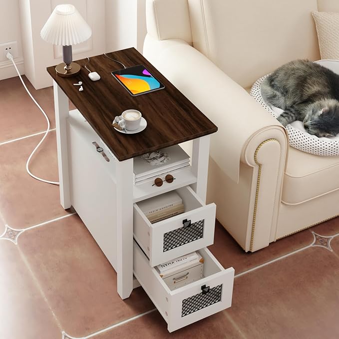 Farmhouse XXL End Table with Charging Station, Narrow Side Table with USB Ports and Outlets, Nightstand with 2 Drawers Storage, Bedside Tables for Living Room, Bedroom, Rustic Walnut White