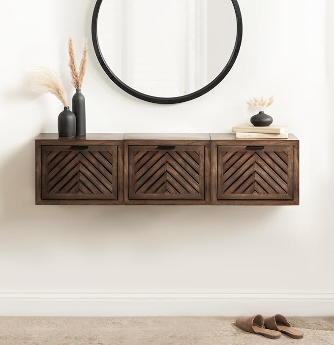 Kate and Laurel Mezzeta Modern Floating Shelf Side Table with Storage Cubby; 16 x 10 x 12; Natural Wood; Decorative Slatted Wood Floating Nightstand with Pull Down Door for Use as Bathroom Storage