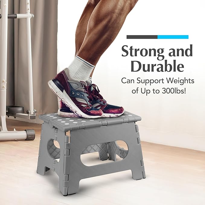 Handy Laundry - Folding Step Stool - Sturdy Enough Collapsible Stool to Support Adults and Safe Enough for Kids - Opens Easy with One Flip - Great for Kitchen, Bathroom or Bedroom (Grey - 9 Inch)