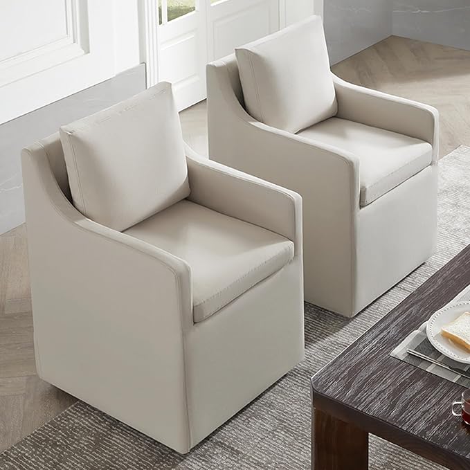 Upholstered Dining Chairs with Casters Washable Cover Side Deskchair with Rollers for Diningroom, Living Room, Flax Beige, 4 Box