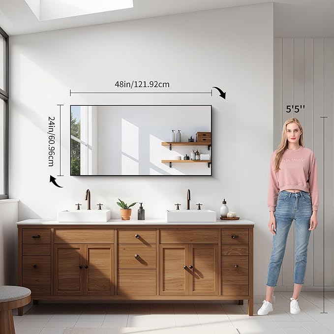 YIROMAN Bathroom Mirror 48"x24", Large Brushed Gold Bathroom Mirror for Over Sink with Aluminum Frame, Rectangular Vanity Mirror with Right Angle, Wall Mirror Hangs Horizontal or Vertical