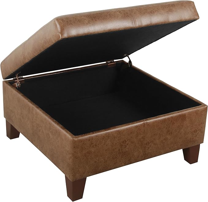 Homepop Home Decor | K2380-YDQY-2 | Luxury Large Faux Leather Square Storage Ottoman | Ottoman with Storage for Living Room & Bedroom, Brown