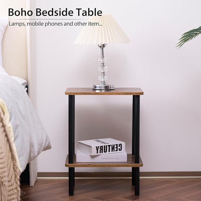 Apicizon 2 Tier End Table Set of 2, Small Side Table with Solid Wood Legs, Boho Bedside Table with Storage Shelf, Nightstand for Small Spaces, Bedroom, Living Room, Entryway, Easy Assembly, Brown