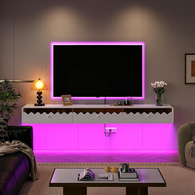 Floating TV Stand, 47IN Fully-Assembled Wall Mounted Wave Glass with Flip-Down Door & Drawers, Modern Media Entertainment Console Under TV Shelf for Livingroom
