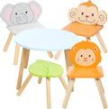 Kids Wooden Animal Table & Chair Set w 4 Seats- Monkey Lion & Elephant Plus Adult Stool for Arts Crafts, Dining, Pretend Play- Durable Playroom Furniture for Home, Daycare Classroom- Toddler Gift