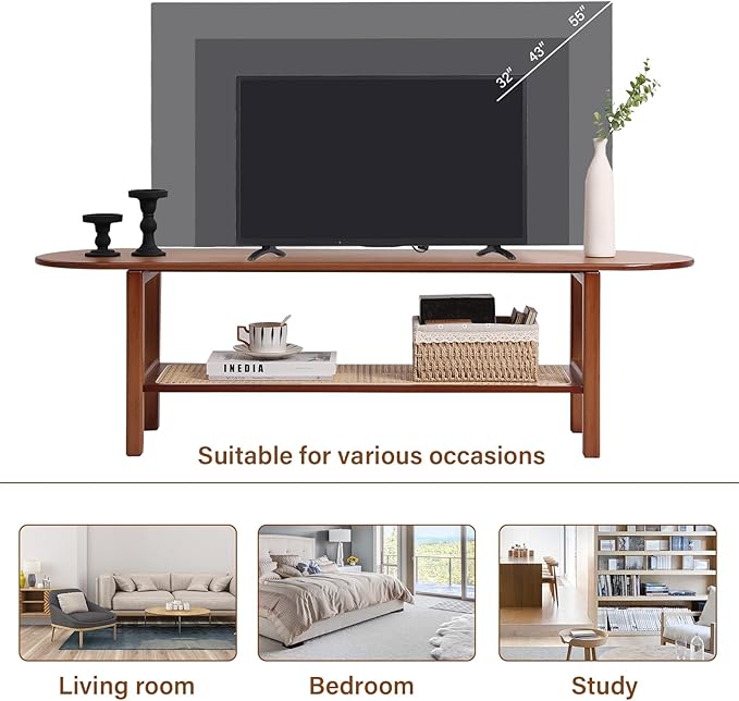 Tiita TV Stand with Storage for TV up to 65 inch, Bamboo Rattan TV Console Entertainment Center with 2 Open Shelf, Mid Century Modern Media Console for Living Room, Bedroom, Walnut