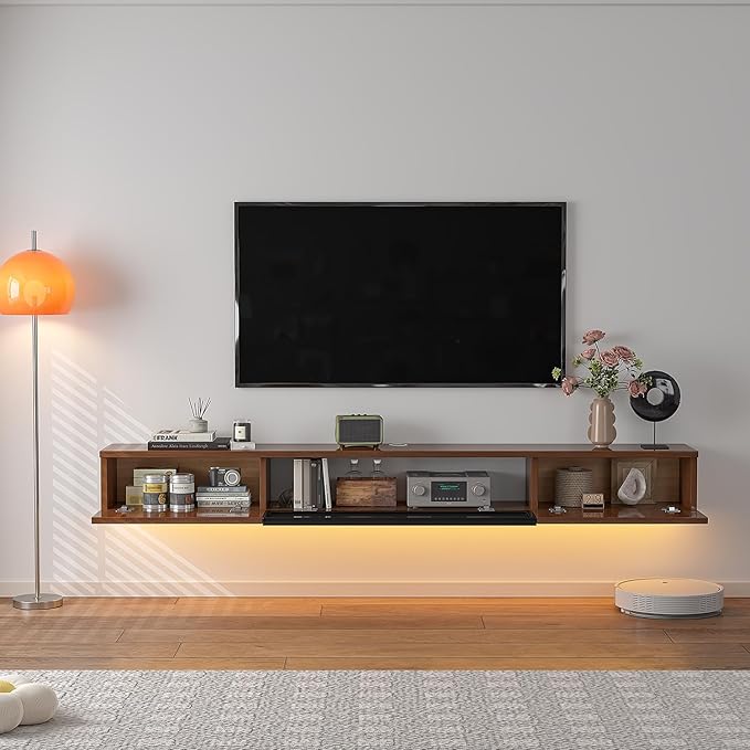 High Gloss Floating TV Stand,47'' Wall Mounted TV Console,Under TV Floating Shelf,Floating TV Cabinet with 3 Doors for Bedroom Living Room(Walnut)