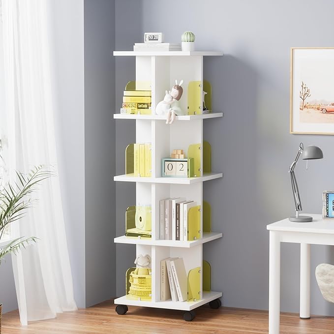 VECELO 4-Tier Rotating Bookshelf, Modern Swivel Bookcase for 360°Display,Stackable Square Book Shelves Floor-Standing Storage for Home Office, Solid Wood, Smooth Spinning, White