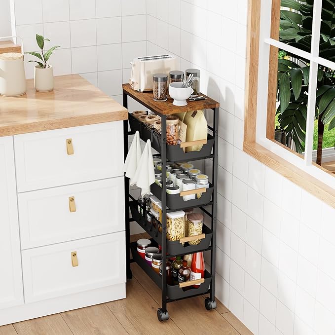 5-Tier Slim Storage Cart, Wooden Top Rolling Kitchen Cart with Pull-Out Baskets & Wheels, Narrow Space Utility Cart Slide Out Organizer for Kitchen, Bathroom, Laundry Room, Black