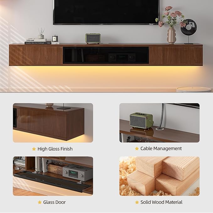 High Gloss Floating TV Stand,55'' Wall Mounted TV Console,Under TV Floating Shelf,Floating TV Cabinet with 3 Doors for Bedroom Living Room(Walnut)