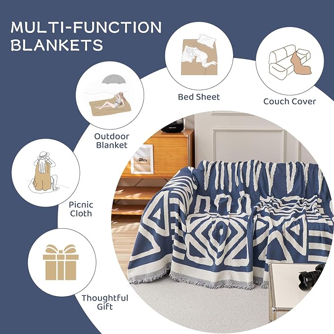 STACYPIK Reversible Boho Blue Beige Couch Cover for 2 Cushion Couch Sofa Cover for Dogs Anti-Scratch Furniture Protector Cover with Tassels for Pet Cat Non-Slip Loveseat Cover for Sectional-71X102IN
